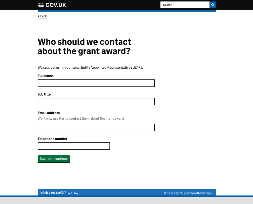 Screenshot of a web service. Asks question: Who should we contact about the grant award? There are fields for full name, job title, email address and telephone number