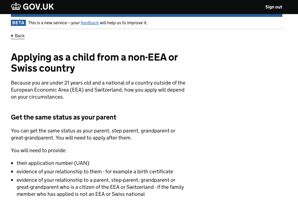 Screenshot of GOV.UK online application service. The heading says: "Applying as a child from a non-EEA or Swiss country". There is text explaining how a child can get the same status as their parent and what to do if they do not have their parent's application number