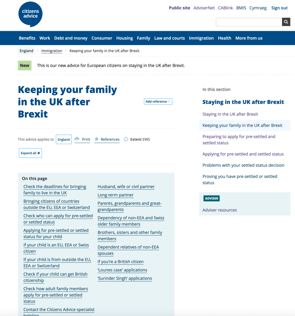 A screenshot of a page from the Citizens Advice website titled: 'Keeping your family in the UK after Brexit