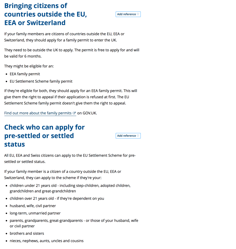 Screenshot of Citizens Advice internal website screen with 2 headings - 'Bringing citizens of countries outside the EU, EEA or Switzerland' and 'Check who can apply for pre-settled or settled status'