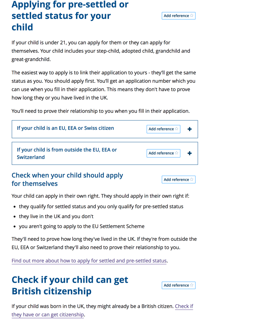 Screenshot of Citizens Advice internal web page with headings: 'Applying for pre-settled or settled status for your child' and 'Check if your child can get British citizenship'