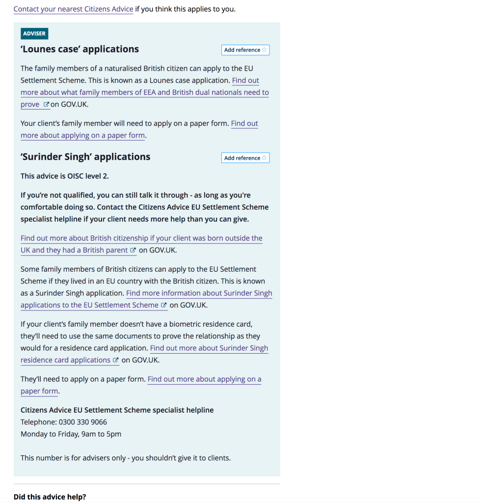 Screenshot of a Citizens Advice web page showing a light-blue background with the headings 'Lounes case applications' and 'Surinder Singh applications'