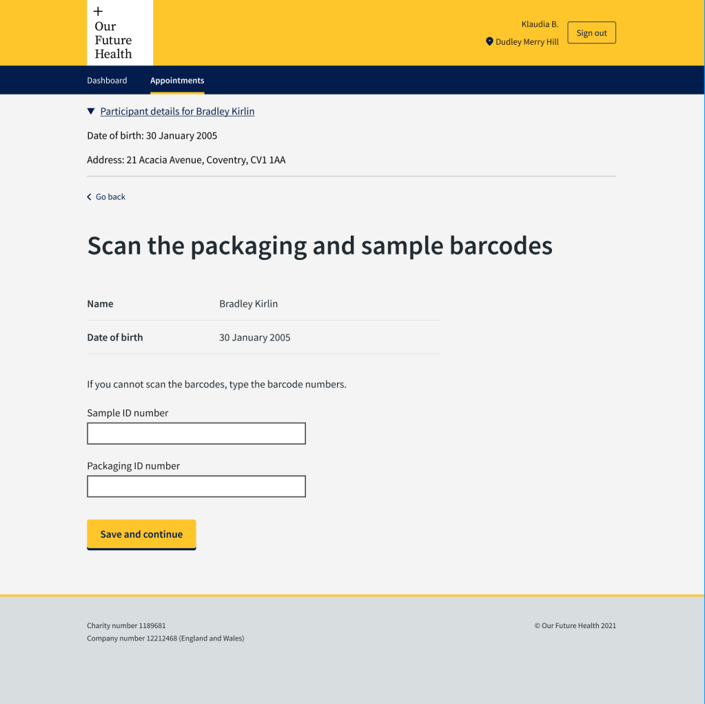 Screenshot of Our Future Health web app. Heading tells the user to "Scan the packaging and sample barcodes". There are black rectangles to enter the barcodes if the scanner does not work