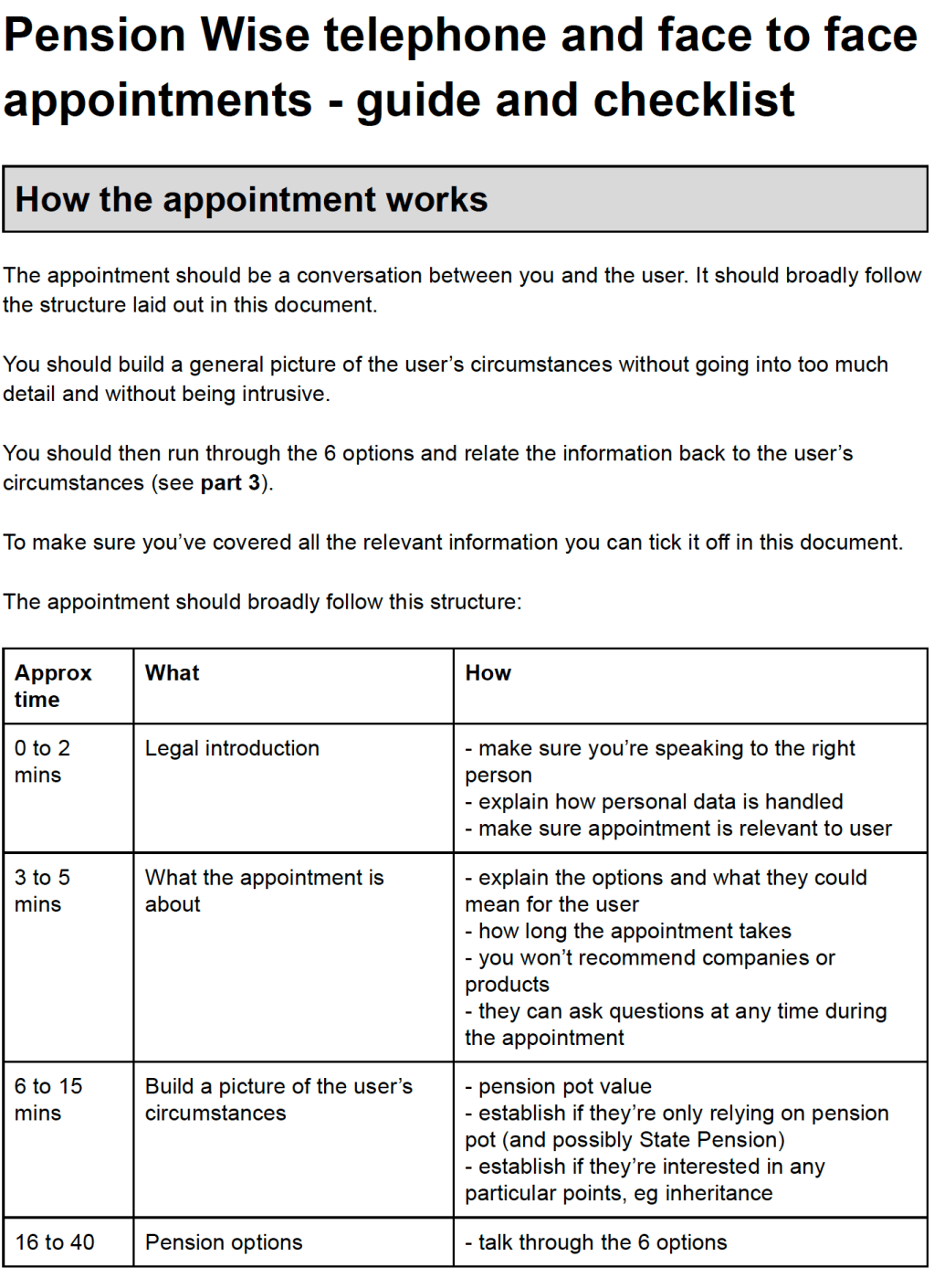 A screenshot of a document of a guide for pensions advisers giving one-to-one advice during an appointment. The heading says: 'Pension Wise telephone and face to face appointments - guide and checklist