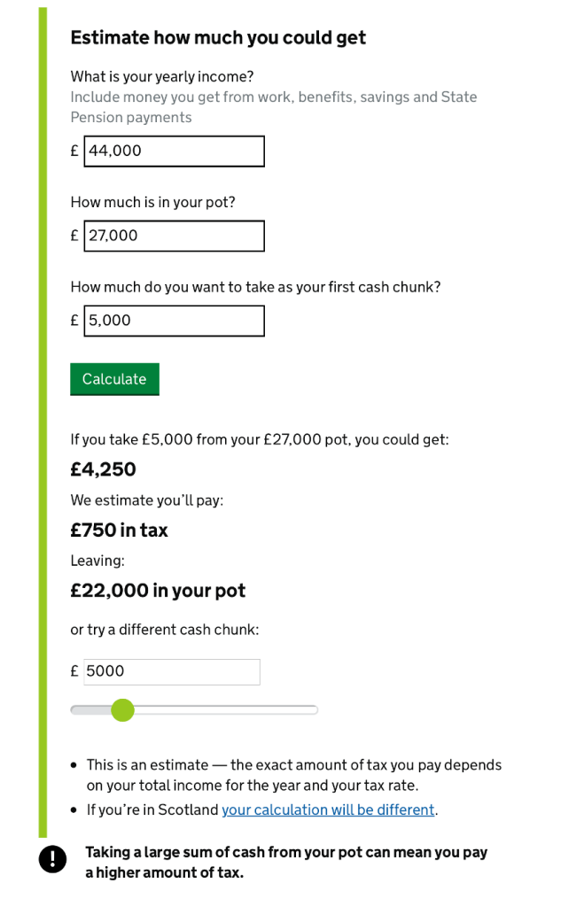 Screenshot of an online calculator to help someone calculate how much they could get from their pension pot depending on how they take the money. Heading says: 'Estimate how much you could get'. The screen shows an example calculation based on a yearly income of £44,000, a pot of £27,000 and taking £5,000 as a first cash chunk.