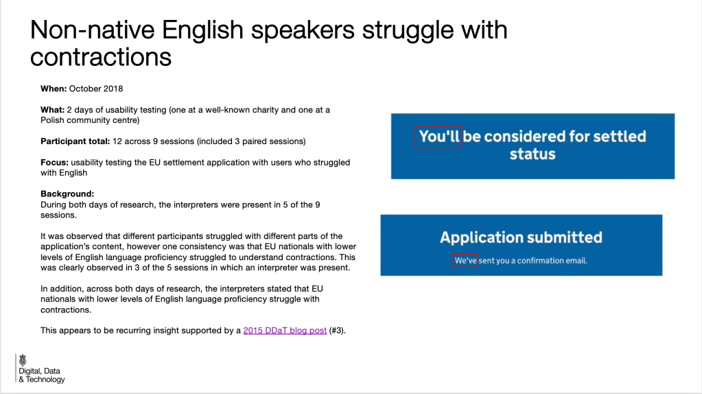 Screen from a presentation. Heading says: "Non-native English speakers struggle with contractions". The text on the screen explains the user testing and what was discovered.