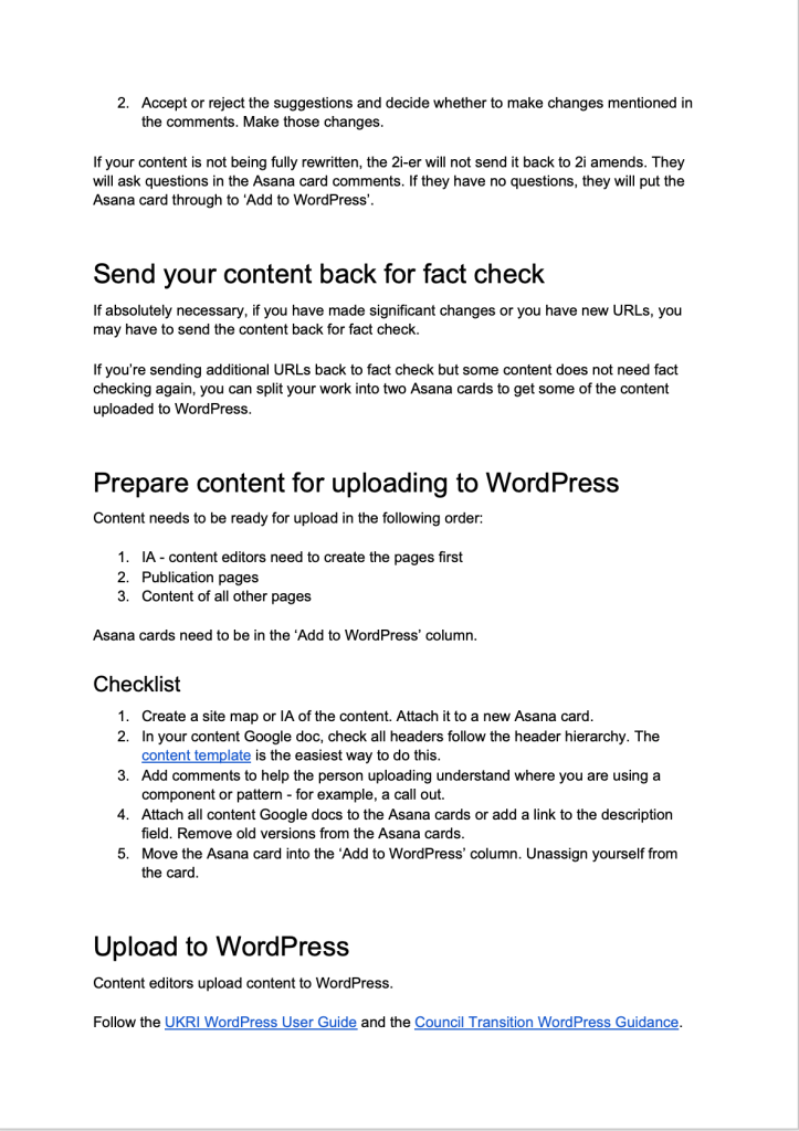 Screenshot of document outlining the process for sending content back for a fact check and preparing content to be uploaded to WordPress.