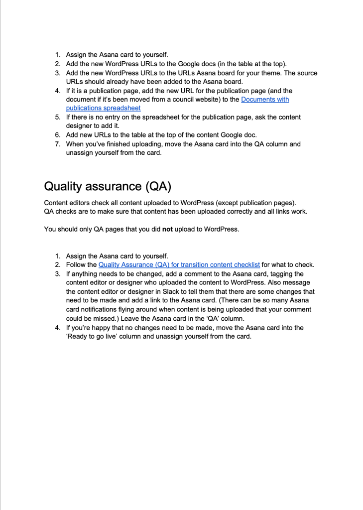 Screenshot of document outlining the process for quality assurance after documents have been uploaded to WordPress
