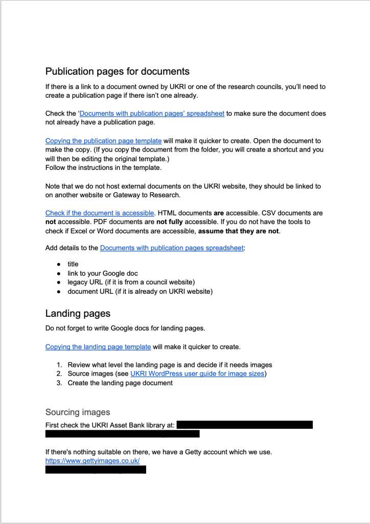 Screenshot of document outlining what a content designer needs to put on publication pages and landing pages