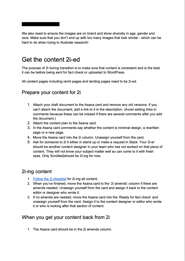 Screenshot of document outlining the '2i' process for content designers. 2i is short for 'second pair of eyes'. It means a review.